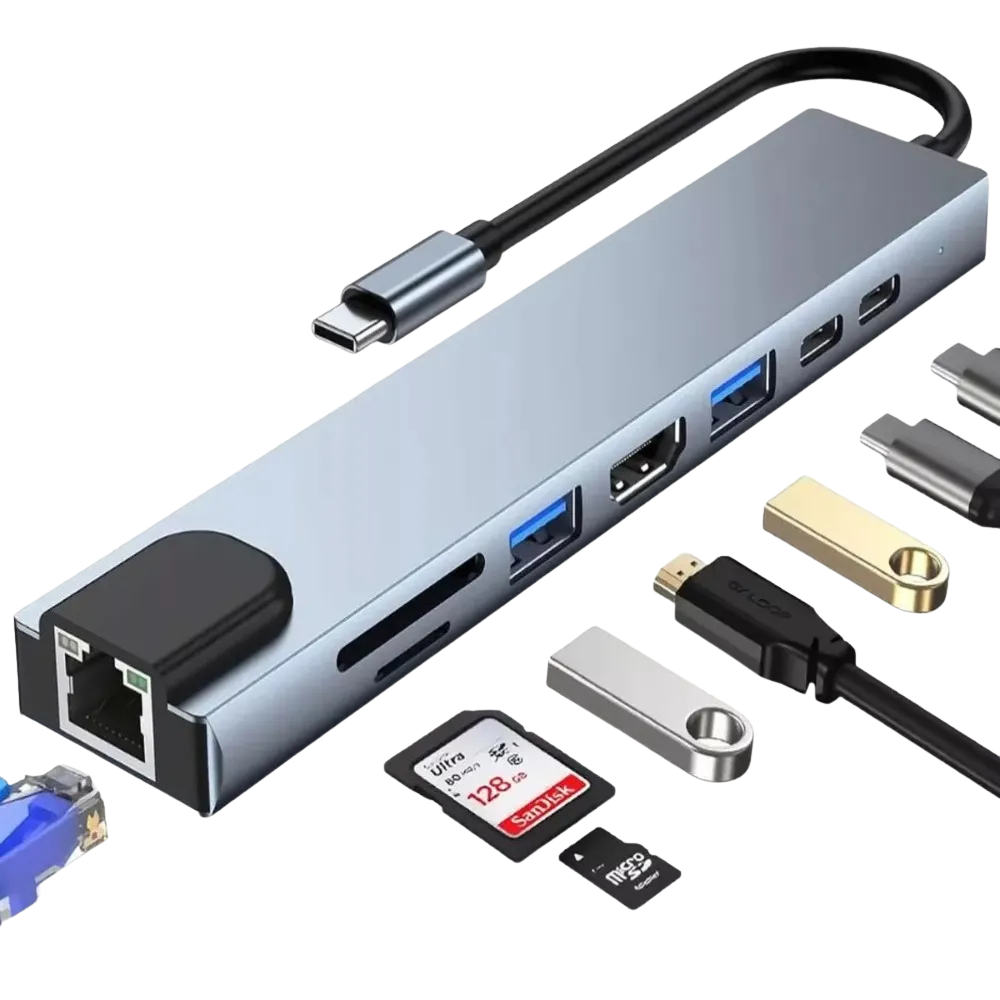HUD USB TIPO C 8 EN 1 LAN HDMI USB 3.0 SD TF LAPTOP CELULAR