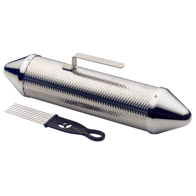 GUIRO CERRADO TORPEDO DE METAL CON PEINE